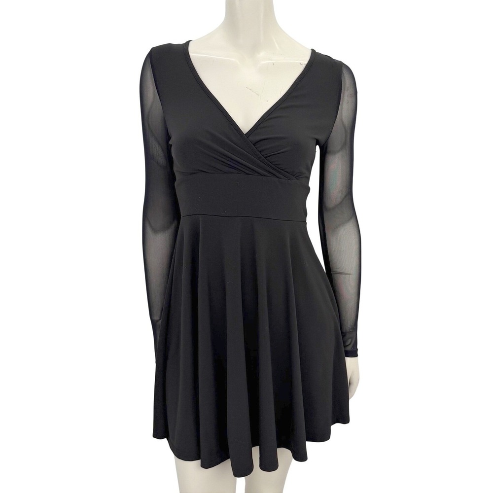 Whimsigoth Black Sheer Mesh Long Sleeve Mini Dress V-Neck Fit + Flare Size Small